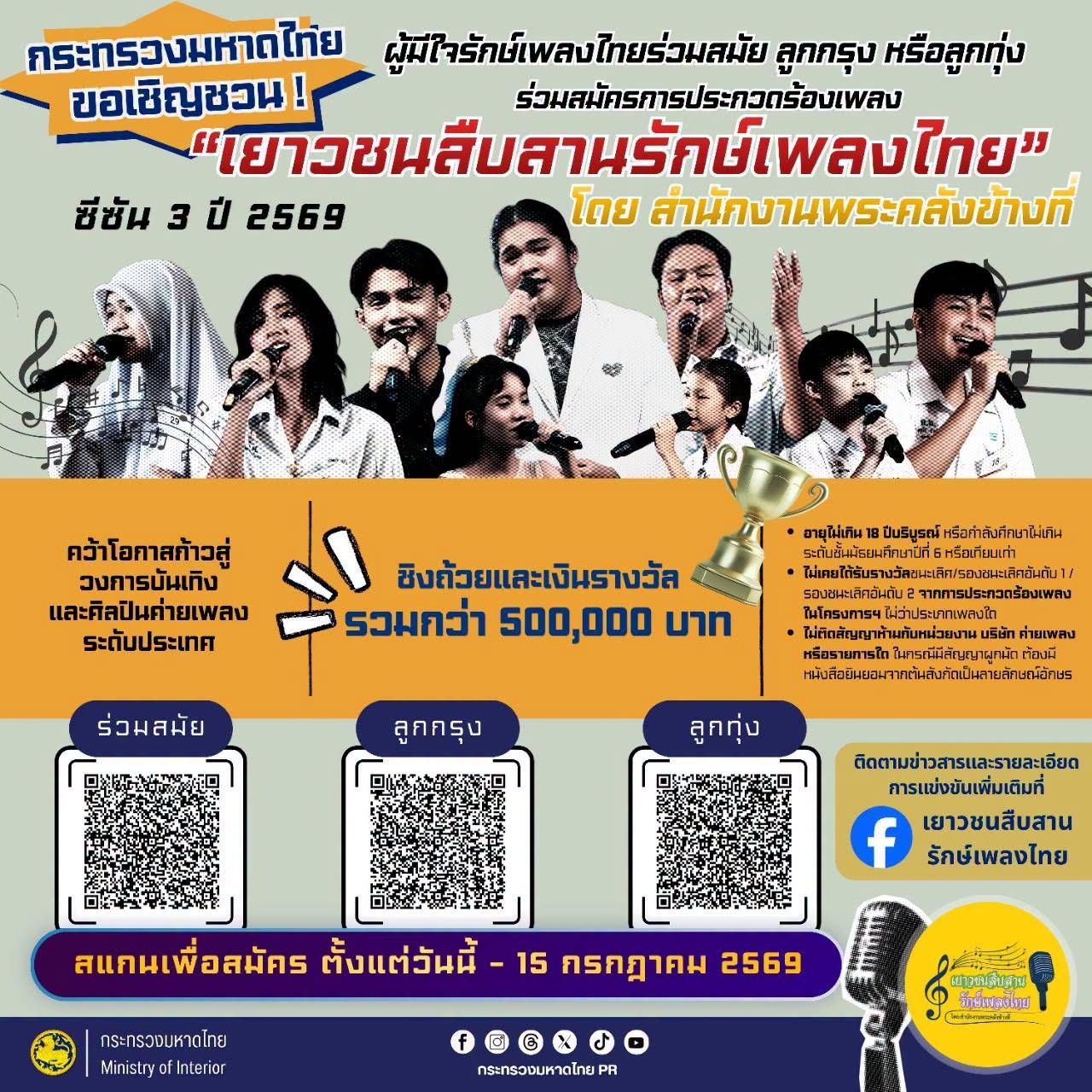 กระทรวงมหาดไทยเชิญชวนเด็กและเยาวชนอายุไม่เกิน 18 ปีบริบูรณ์ หรือนักเรียนระดับมัธยมศึกษาทั่ว ประเทศ ประกวดร้องเพลงโครงการ "เยาวชนสืบสานรักษ์เพลงไทย" 